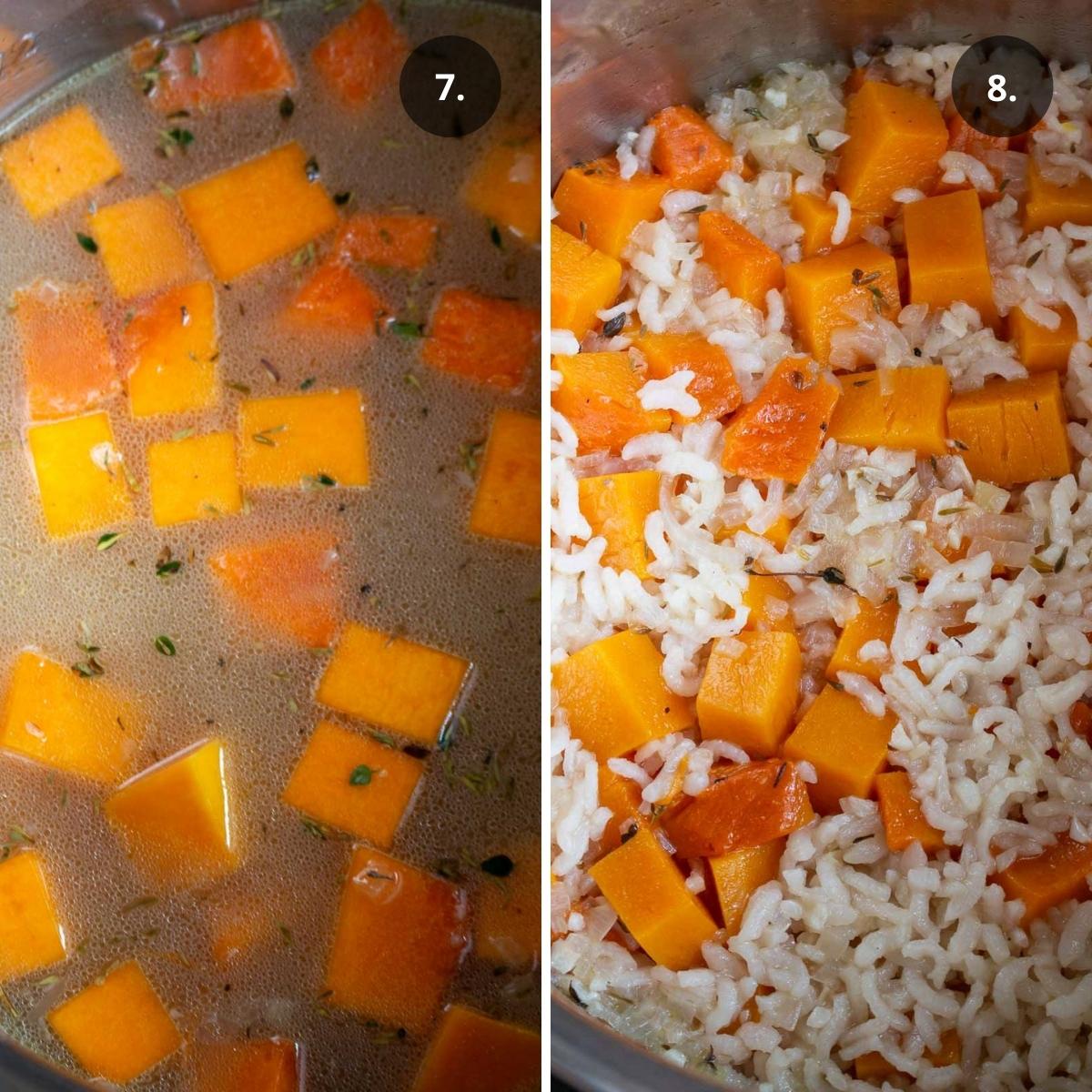 Broth added and pumpkin risotto in instant pot after cooked.
