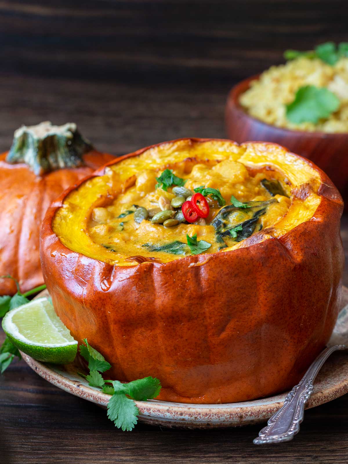 Finished Thai Pumpkin curry in a roasted pumpkin bowl.