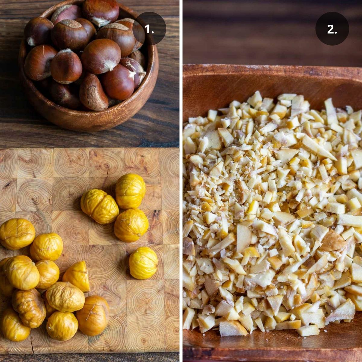 Roasted chestnuts peeled and chopped.