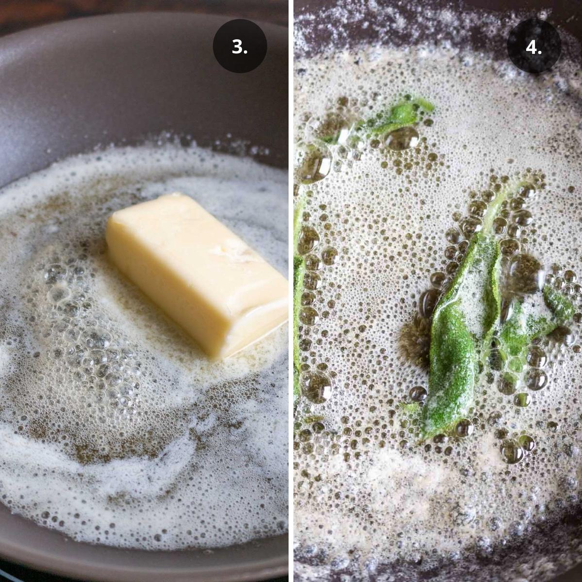 Butter getting melted and sage leaves frying in a pan.