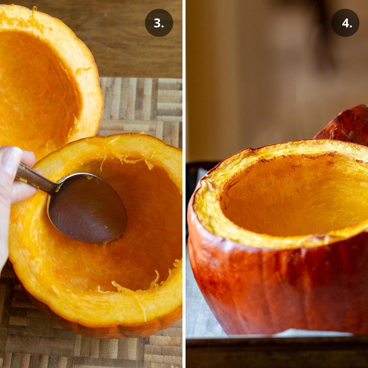 Scraping out strings out of pumpkin and roasted pumpkin bowls hot out of the oven.