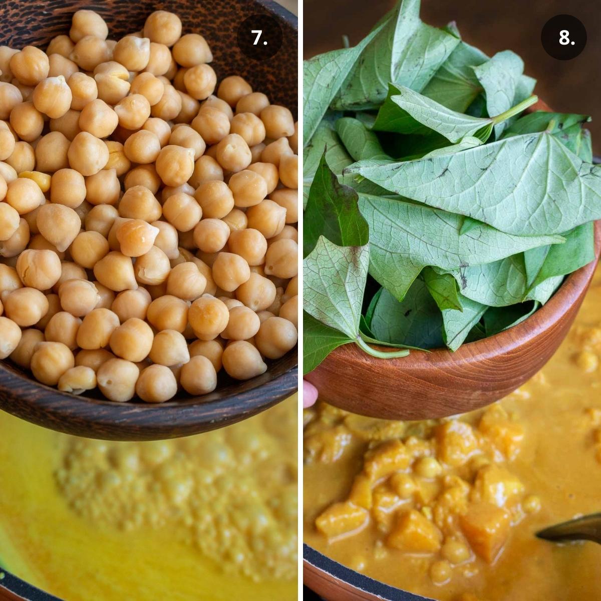 Adding in chickpeas and greens to coconut curry.