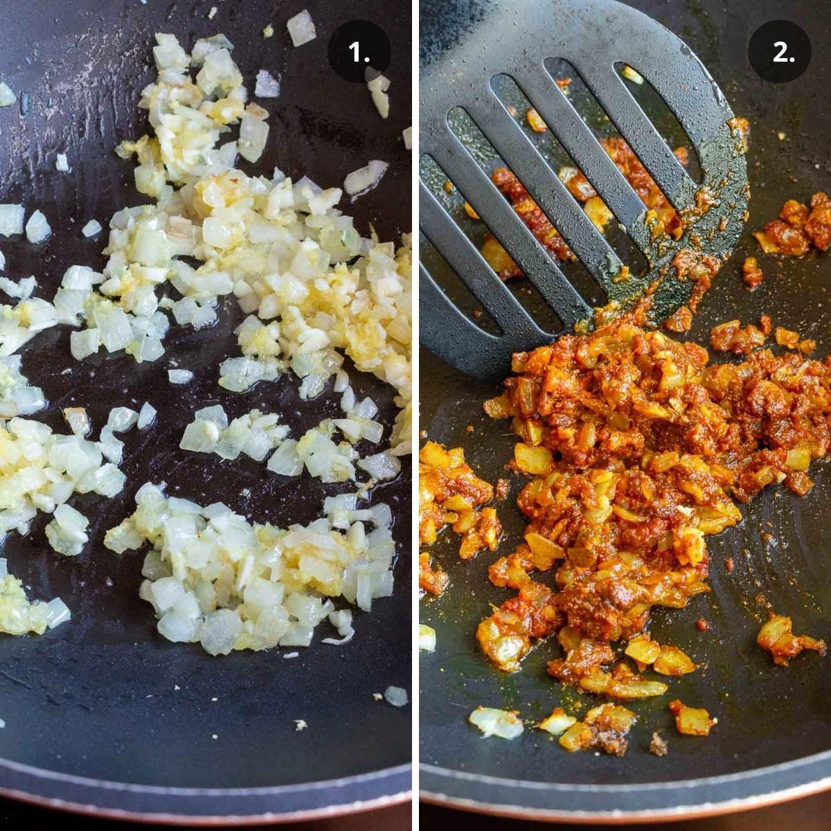 Frying aromatics and adding in red curry paste.