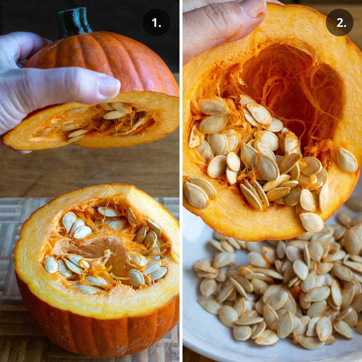 Pie pumpkins lid cut off and removing seeds.