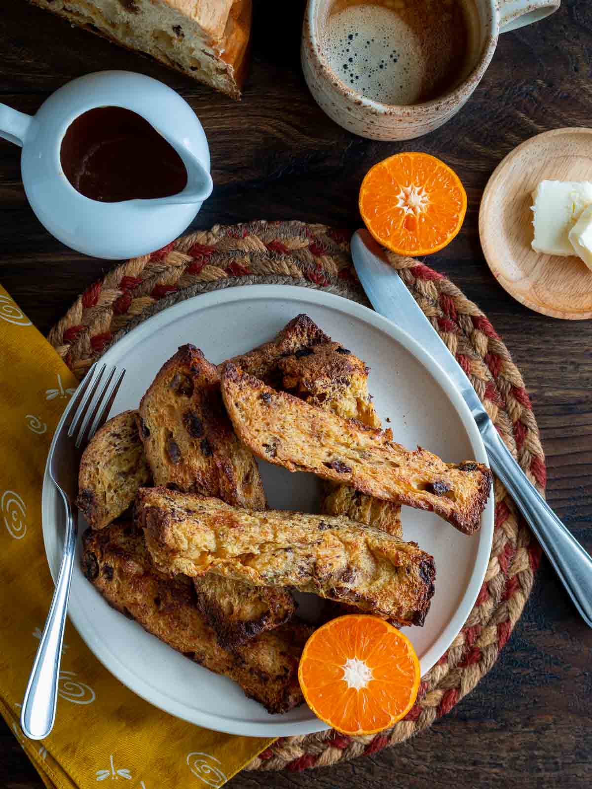 Brunch getting served with coffee, air fryer French toast sticks and syrup., 