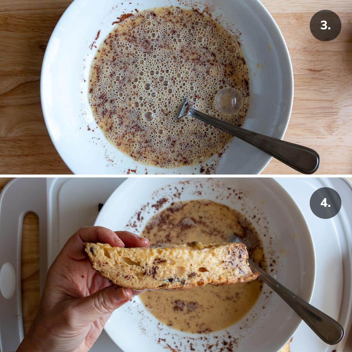 Egg and Milk custard mixture with slices of panettone getting dipped in.