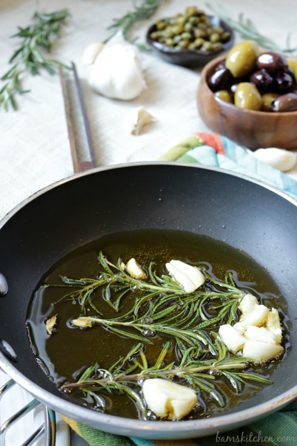 Garlic and rosemary sautéing in olive oil.