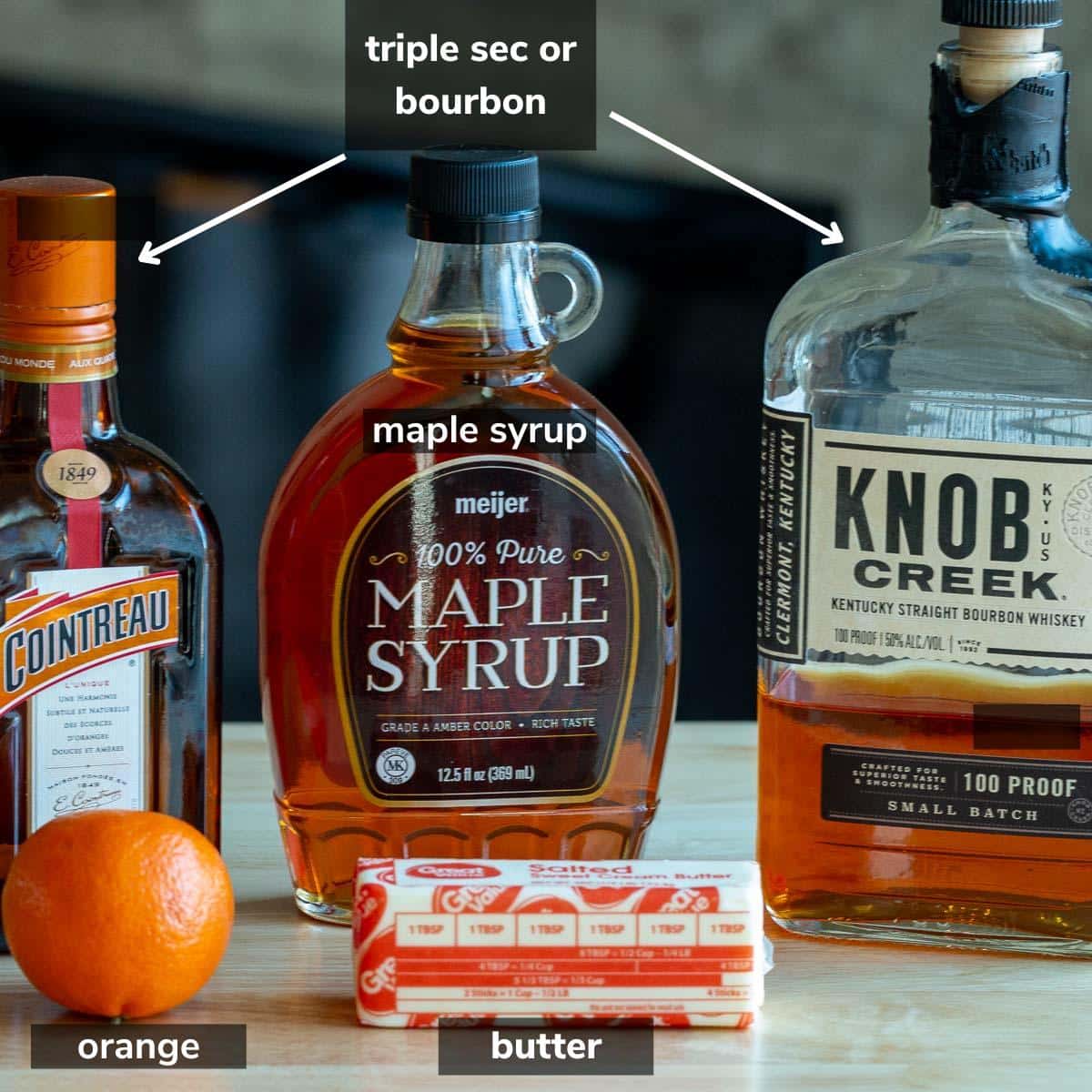 Ingredients to maple bourbon syrup or triple sec syrup.