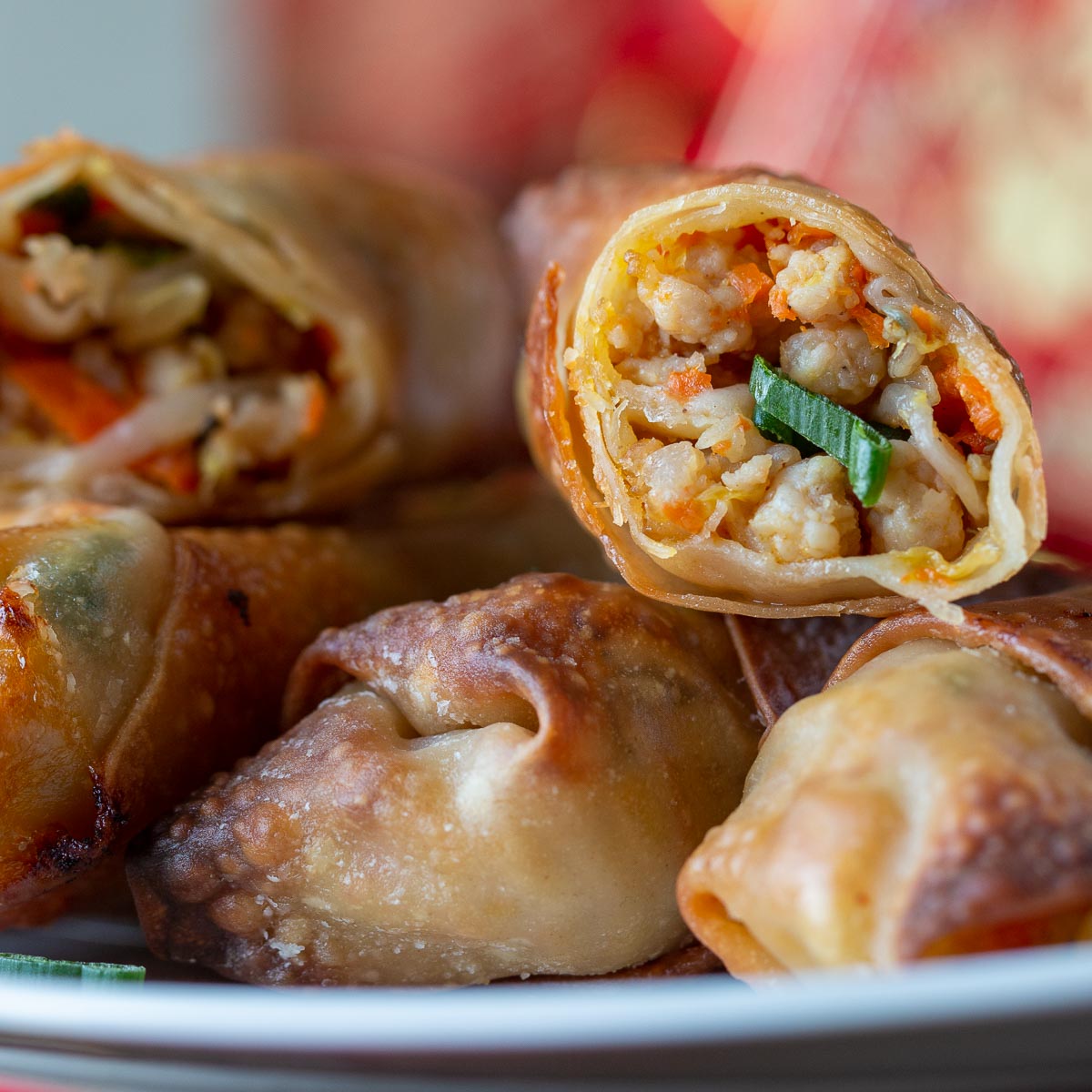 Close up shot of Cantonese spring rolls served dim sum fashion.