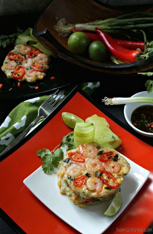Gluten-Free Thai Shrimp Pancakes with fresh pickles served with lime and prik nam pla dipping sauce. 