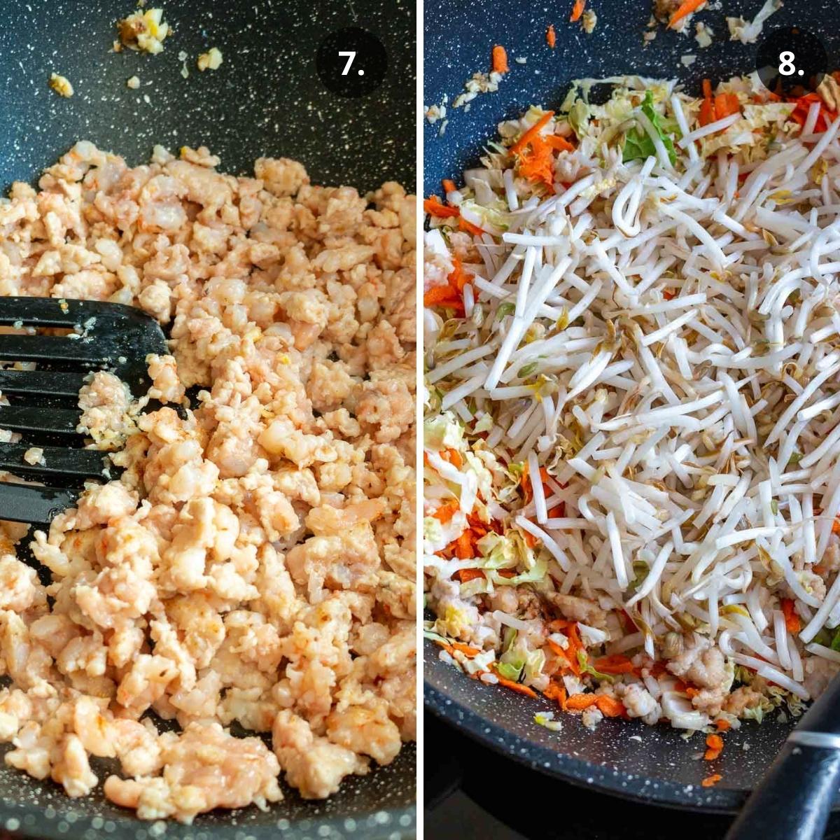 Stir frying the pork and shrimp mixture and mixing in the vegetables.