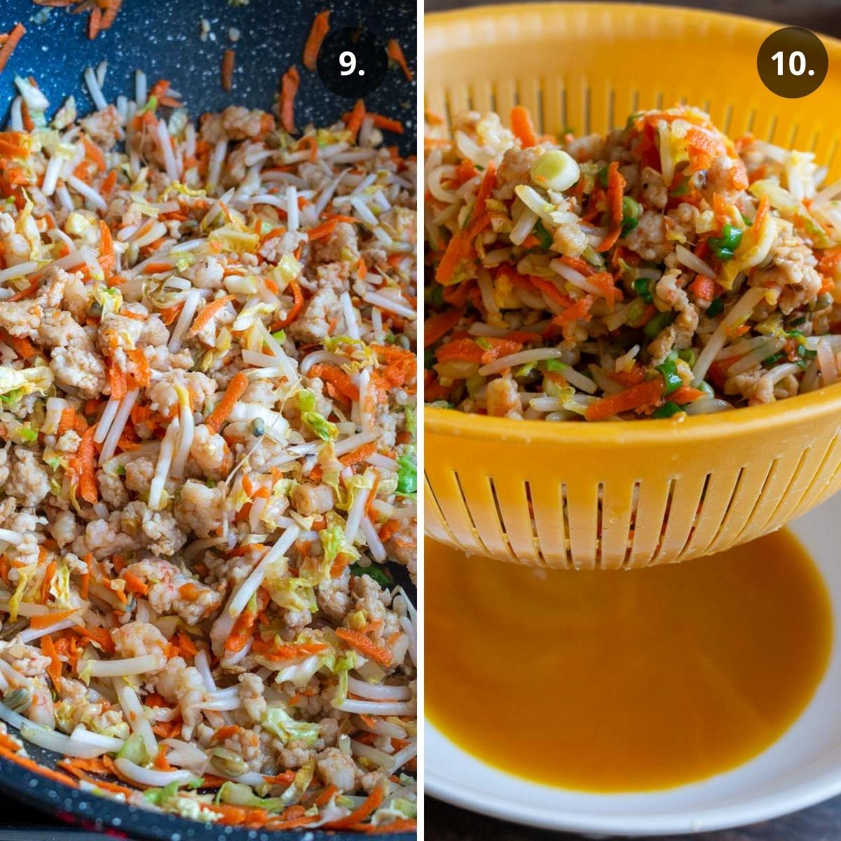 Cooking the shrimp, pork and vegetables and draining the mixture.