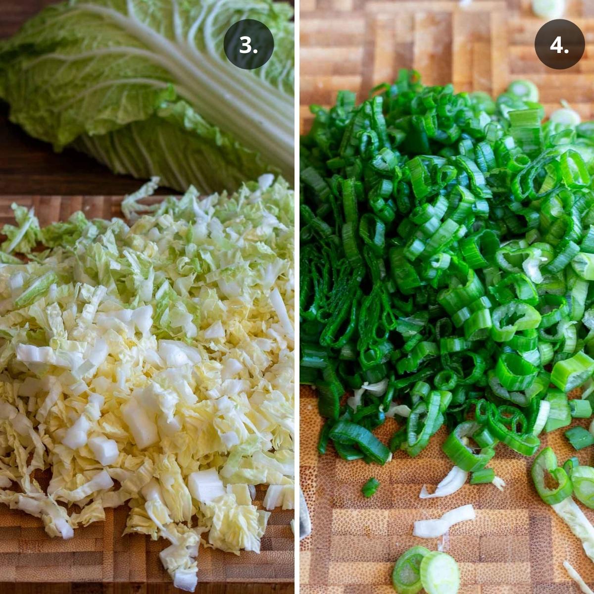 Chopping up napa cabbage and green onions.