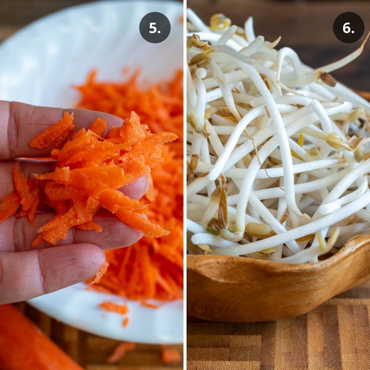 Grating carrot and slicing bean sprouts.