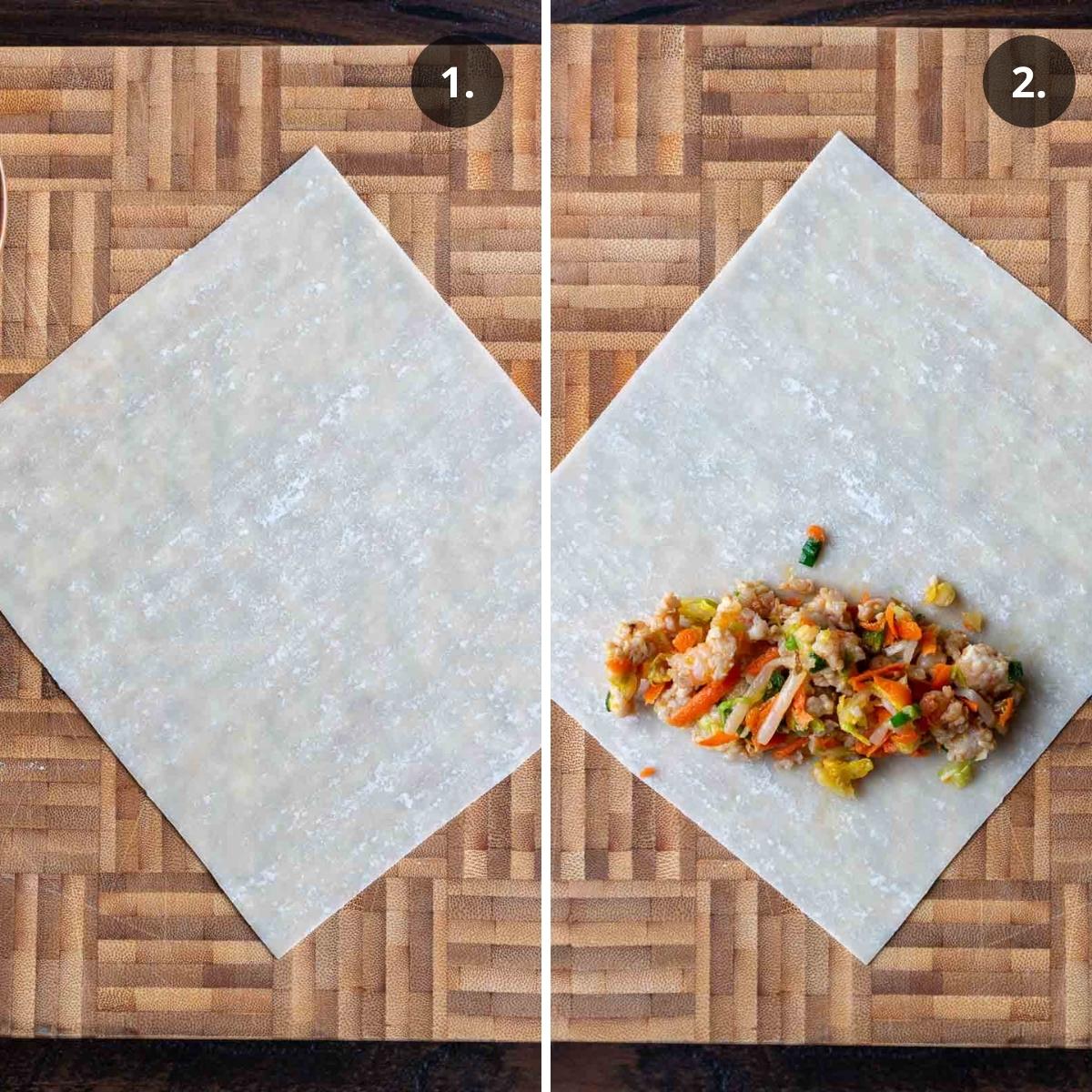 Laying one spring roll on cutting board with a spoonful of filling on one corner.