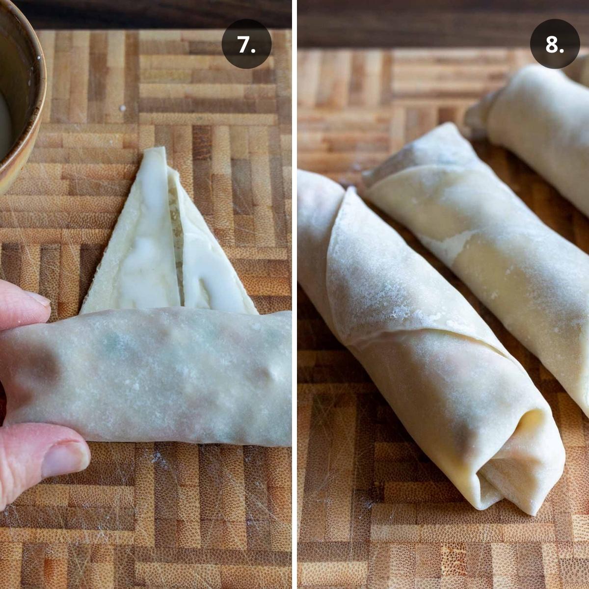 Rolling up the spring rolls to the end and sealing.