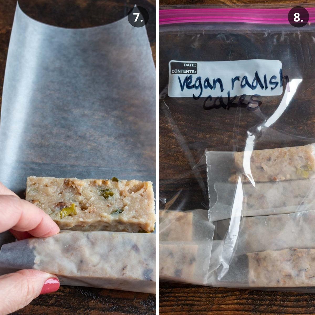 Wrapping steamed vegan Chinese radish cake slices in parchment paper and placing them in a freezer safe bag for freezing.