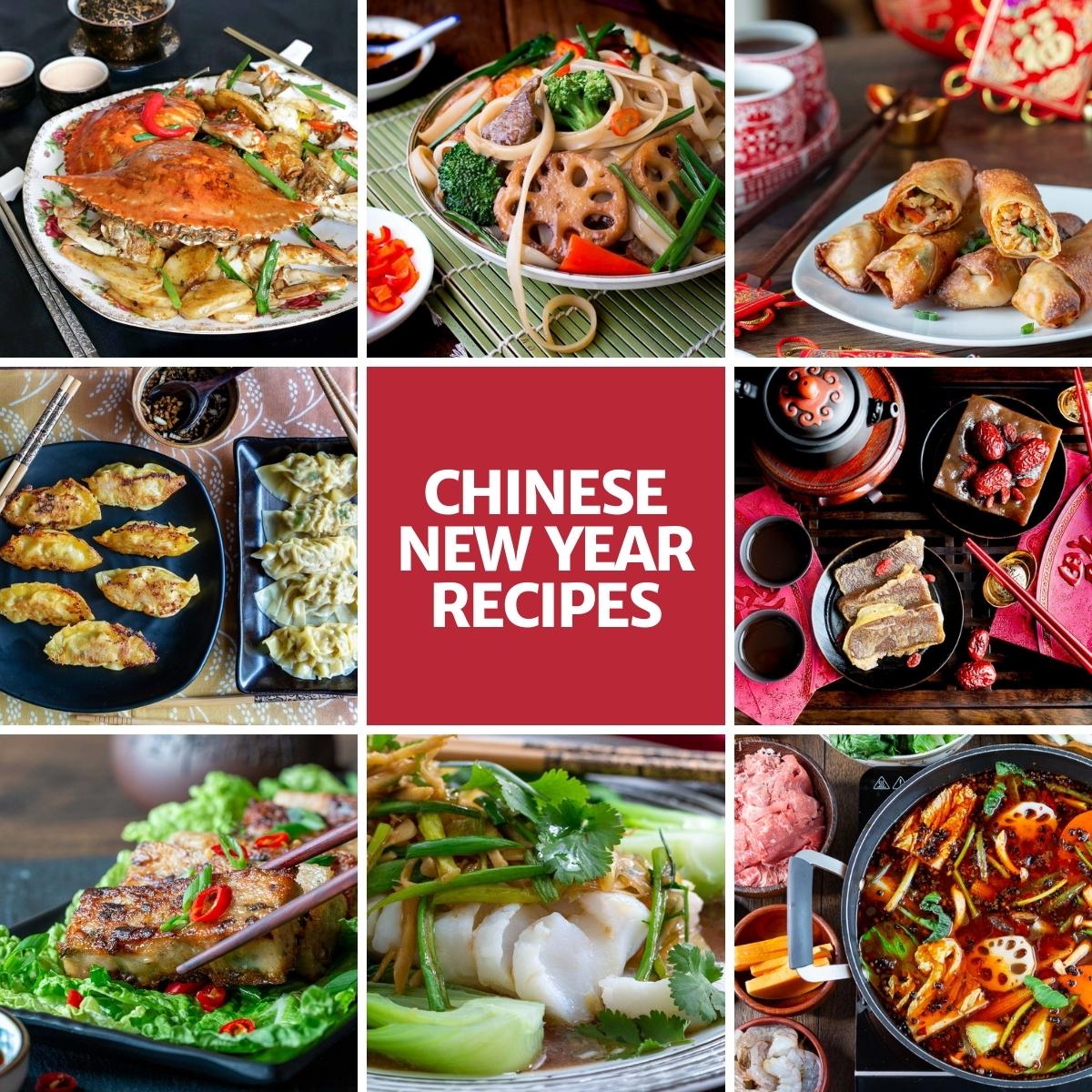 8 photos of our favorite Chinese New Year Recipes in a collage.