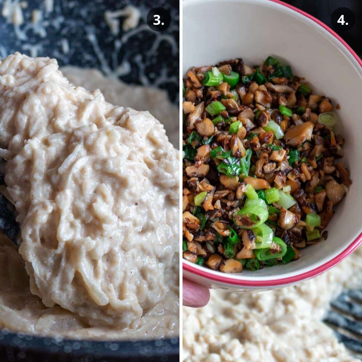 Showing a spoonful of daikon batter and adding in the mushroom mixture to the batter.