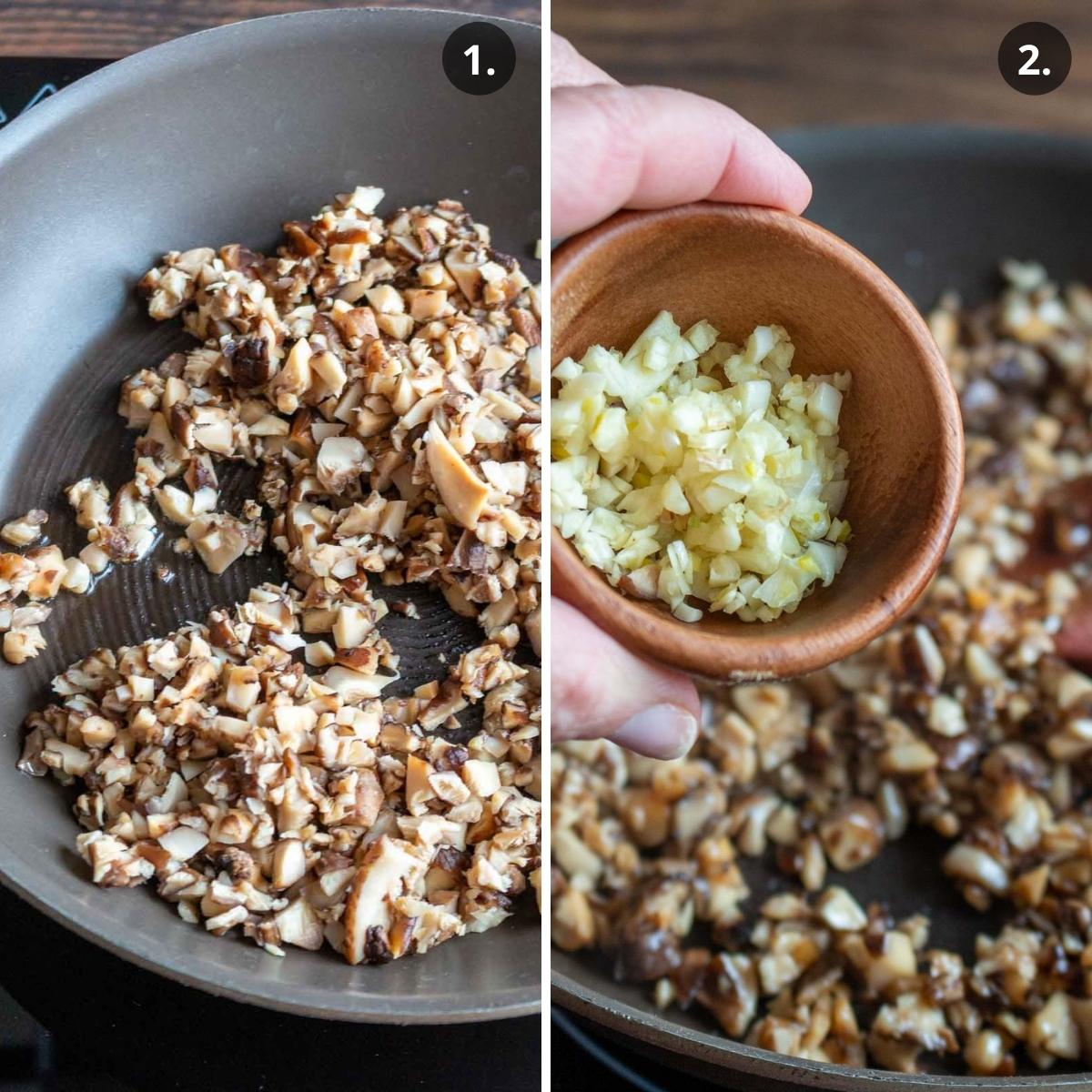 Adding mushrooms to a pan with oil and garlic.