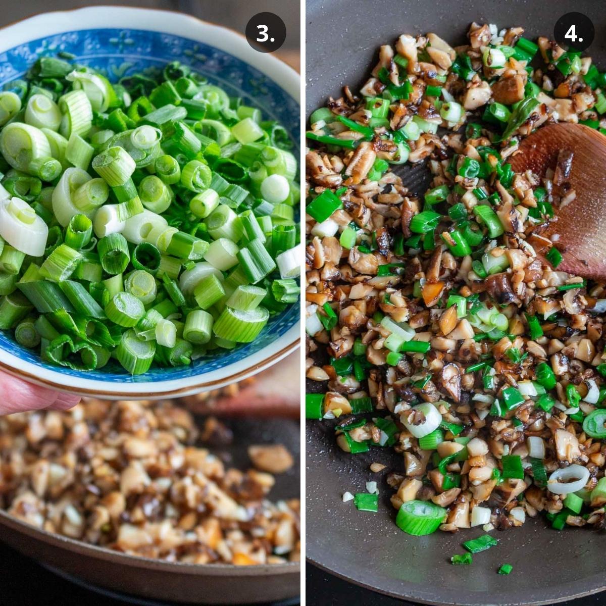 Adding in green onions and stir frying mushroom mixture.