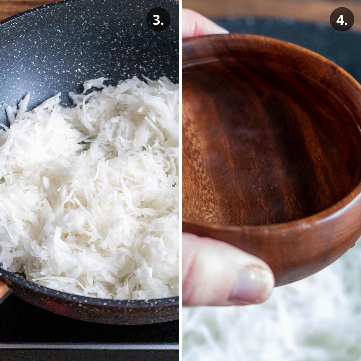 Adding water to daikon in a wok.