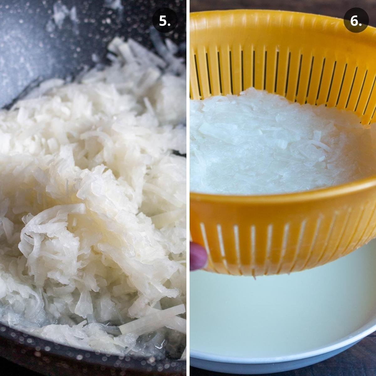 Cooking radish in wok and draining the extra juice.