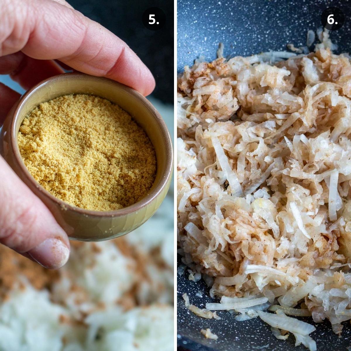 Adding in vegetable powder and stirring the seasoned daikon.