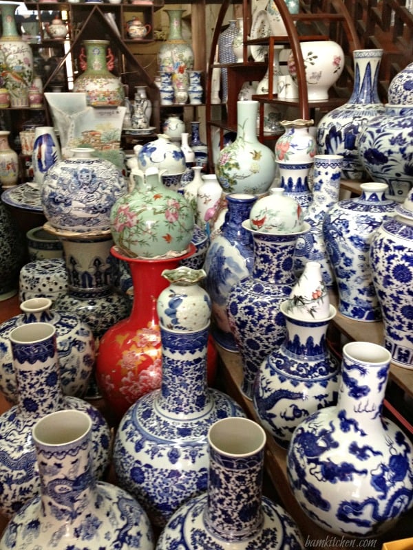 Foshan China with hundreds of beautiful blue and white plates, cups and vases. 