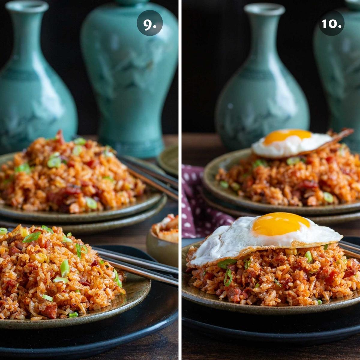 Left photo plain gochujang fried rice with leftover ham and the right plate is topped with a fried egg.