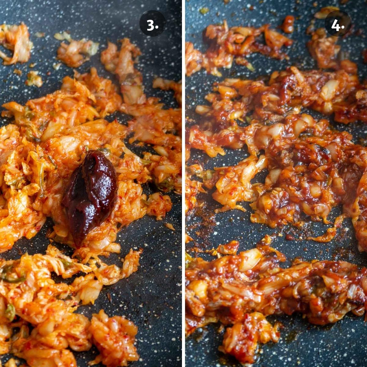 Dollop of gochujang in wok with kimchi and on the right after a couple minutes to cook.