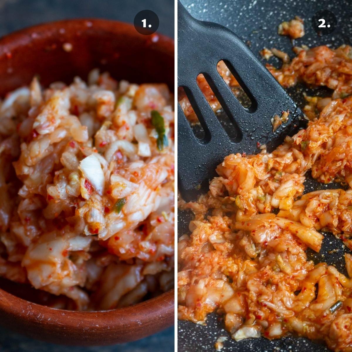 Bowl of raw chopped kimchi on left and cooking kimchi on the right.