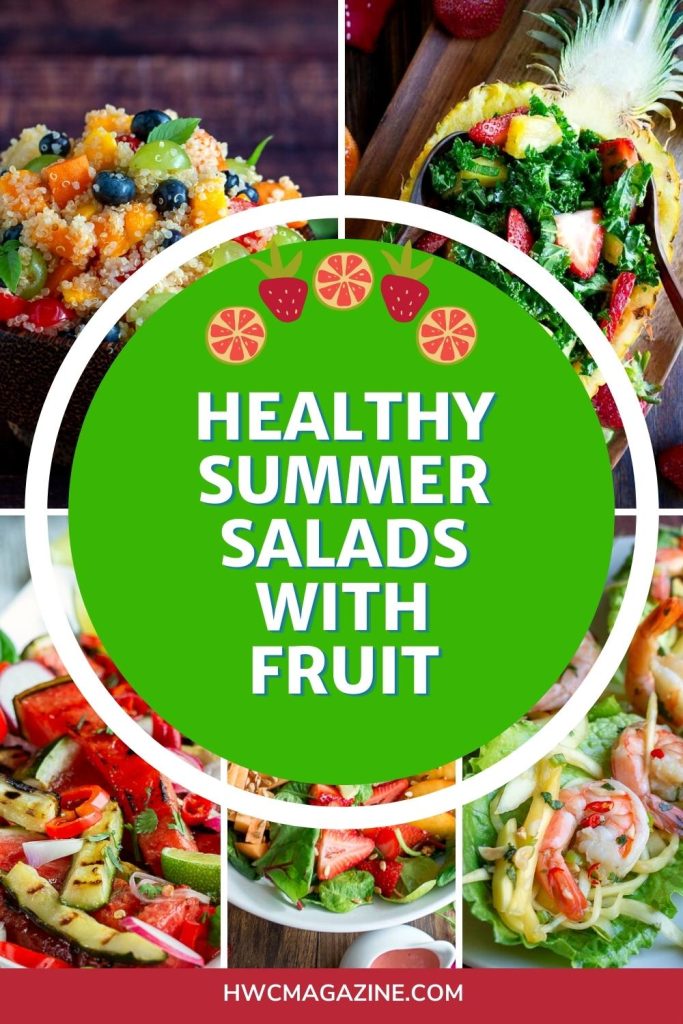 Healthy summer salads with fruits displaying 5 different recipes.