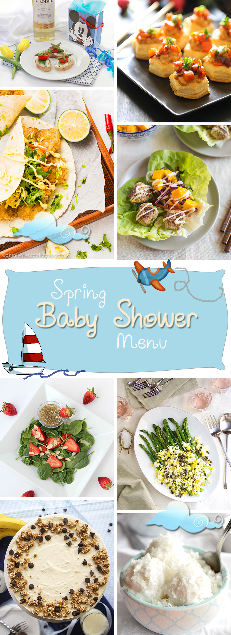 Healthy Baby Shower menu with salads, mains and desserts.