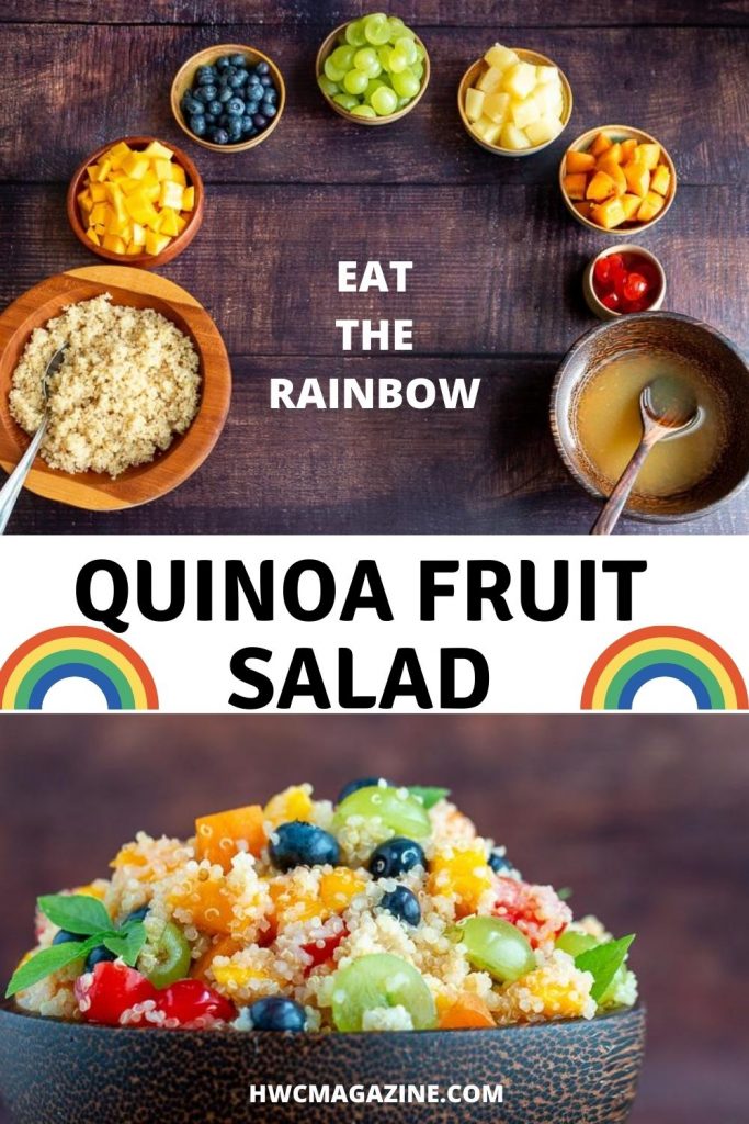 Ingredient of a quinoa fruit salad laid out in the shape of a rainbow.