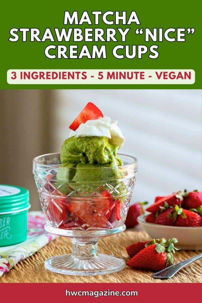 Matcha strawberry nice cream cups garnished with coconut whipped topping and strawberries.