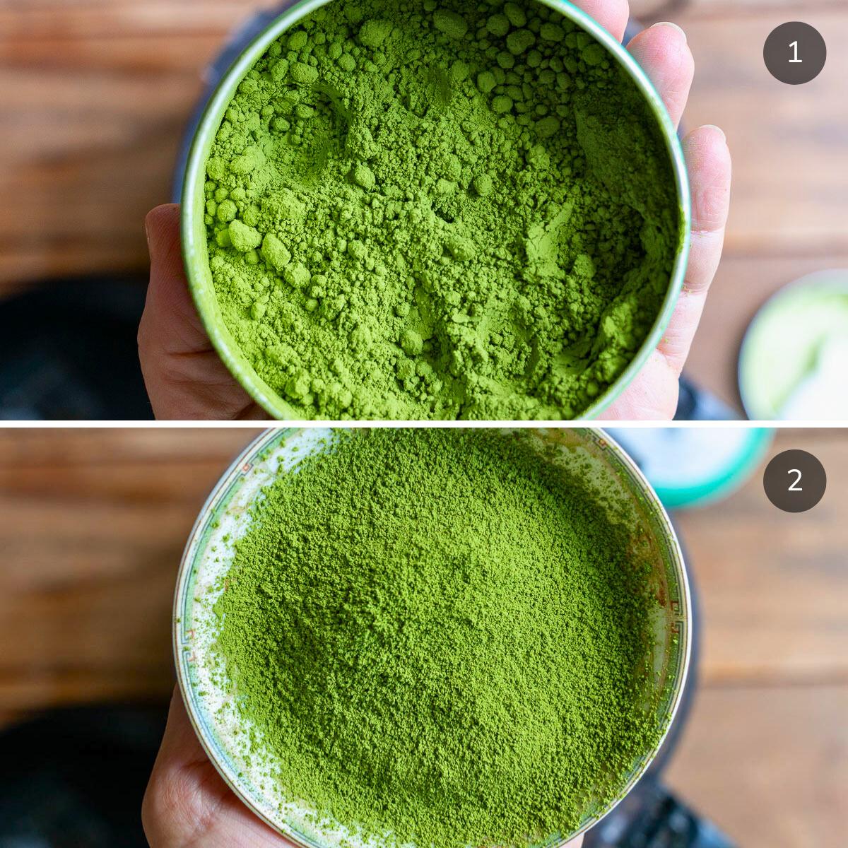 Showing bright green matcha powder before and after sifted. 