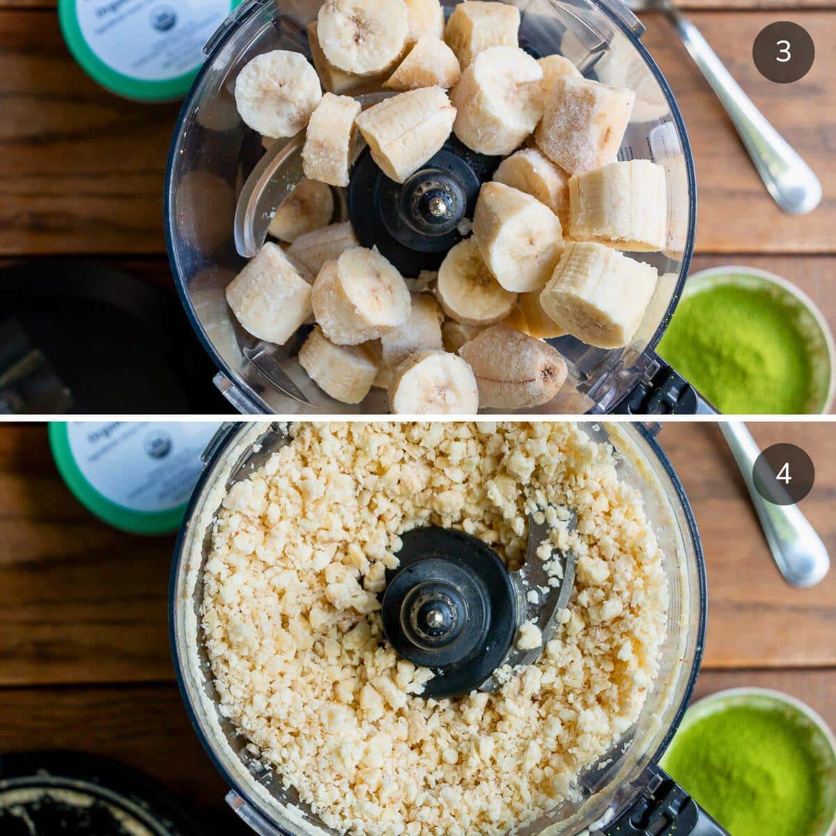 Frozen sliced bananas in the food processor and showing them after it turns to a sand like appearance. 