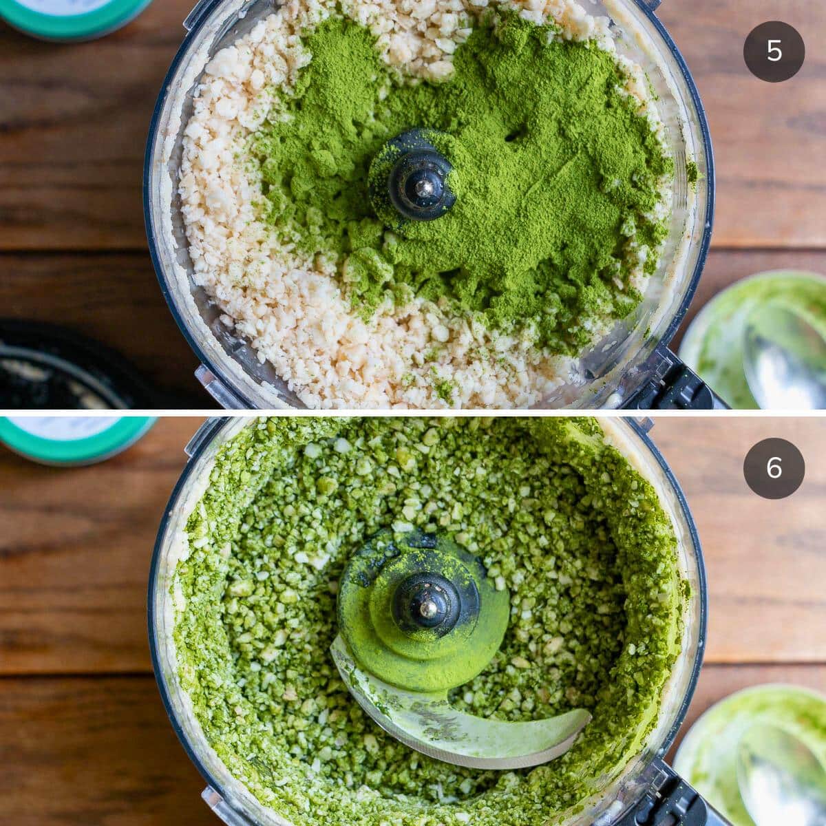 Added matcha green tea powder to the granulated bananas in the food processor. 