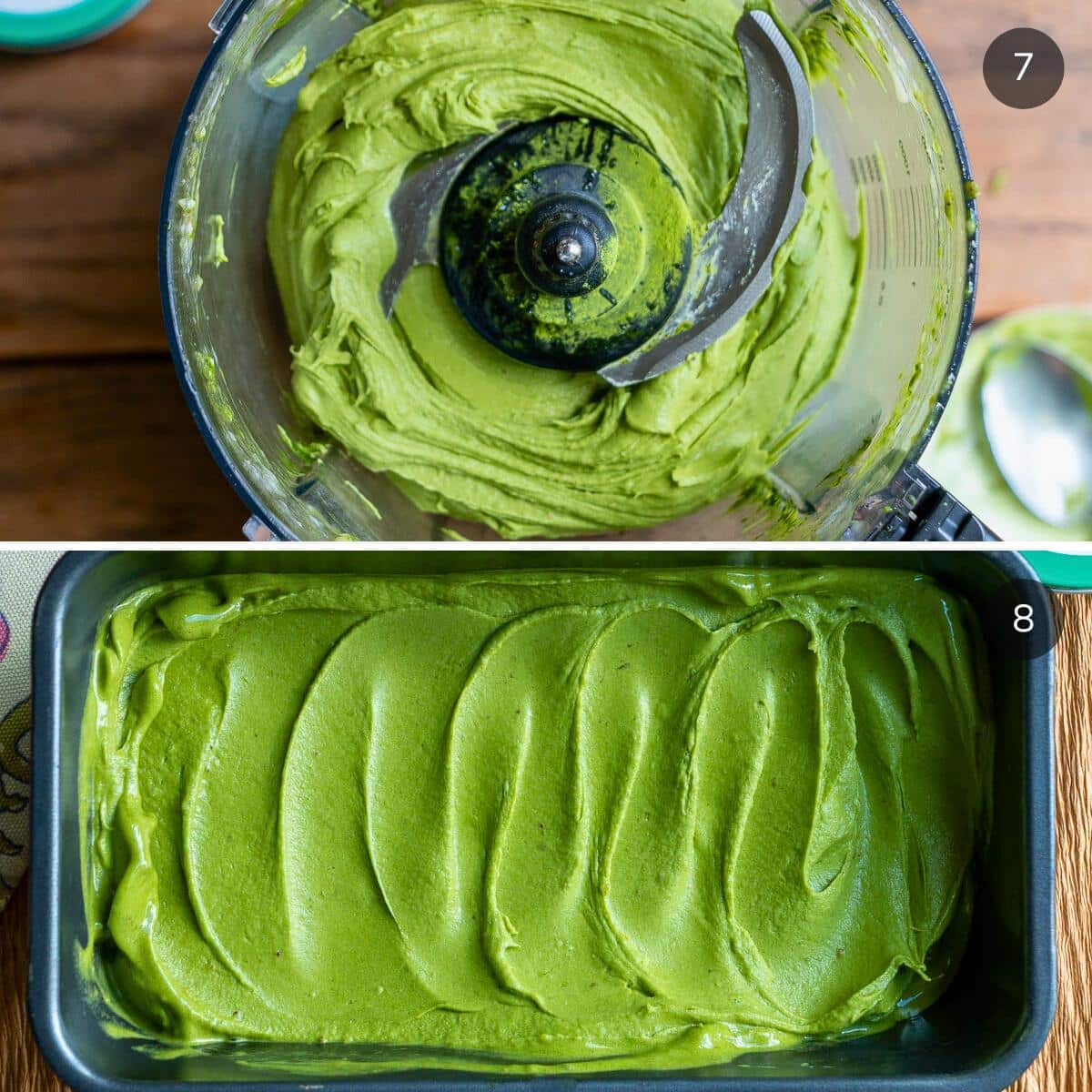 smooth and creamy Matcha nice cream in the food processor and showing it adding to a loaf pan to freeze for later. 