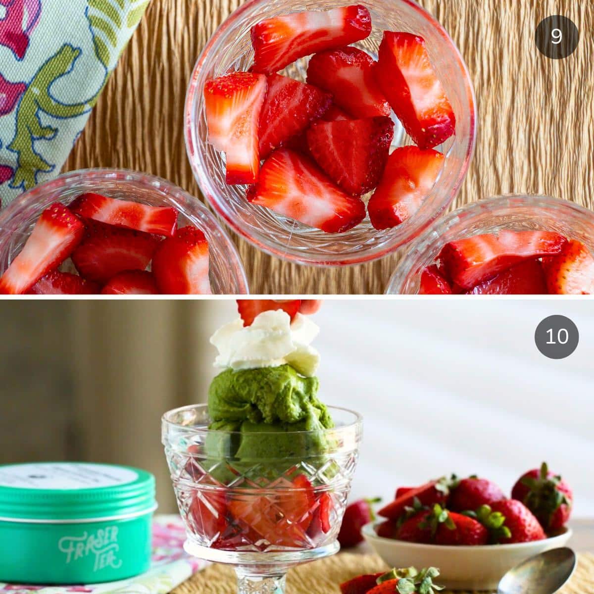 Adding strawberry to glass vintage dessert cups and then the matcha nice cream on top. 