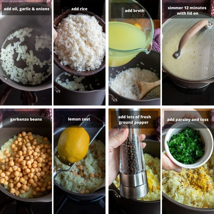 Step by step showing how to make lemon rice.