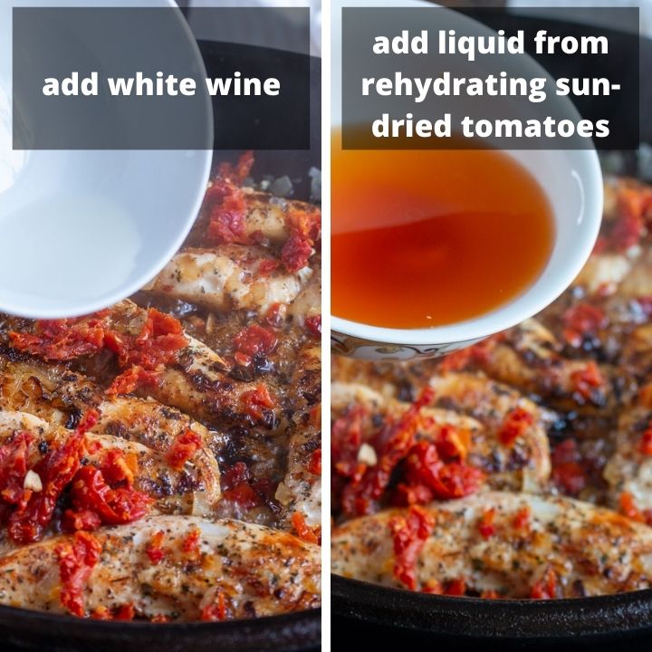 Add white wine and water from rehydrated sun-dried tomatoes to the cast iron skillet.