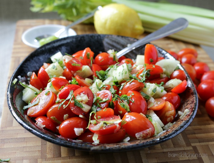 Bowl of bloody Mary Salsa in a black pottery bowl.