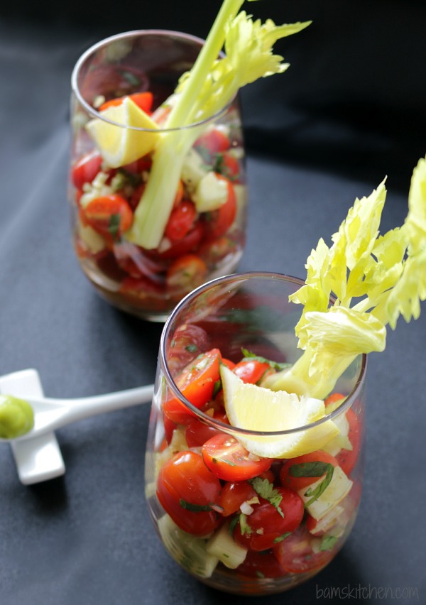 Bloody Mary Cups with tomatoes and celery and spices. 