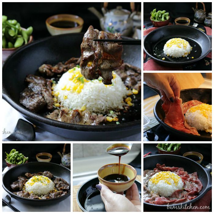 Step by Step Process for making pepper steak and sizzling rice.
