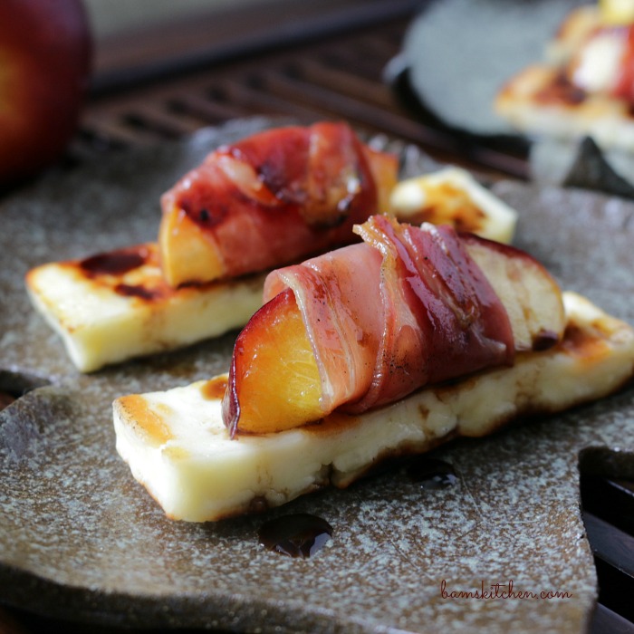 Chargrilled Halloumi Prosciutto Wrapped Nectarines and Balsamic Glaze / https://www.hwcmagazine.com