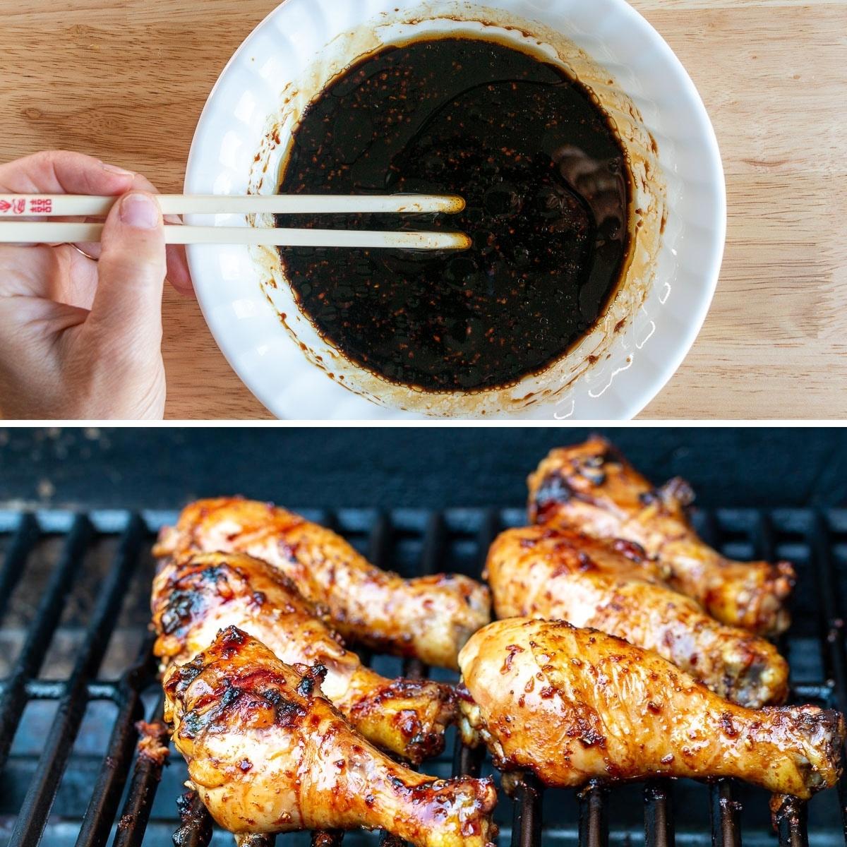 Honey soy glaze getting mixed and on the chicken drumsticks on grill.