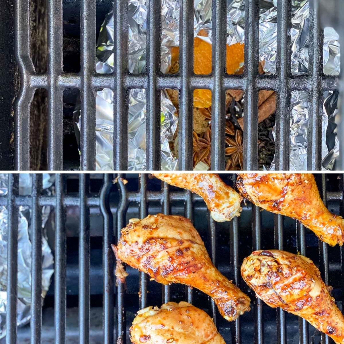 Tea smoking packet under one side of the grill and the chicken legs grilling on the other side of grill.