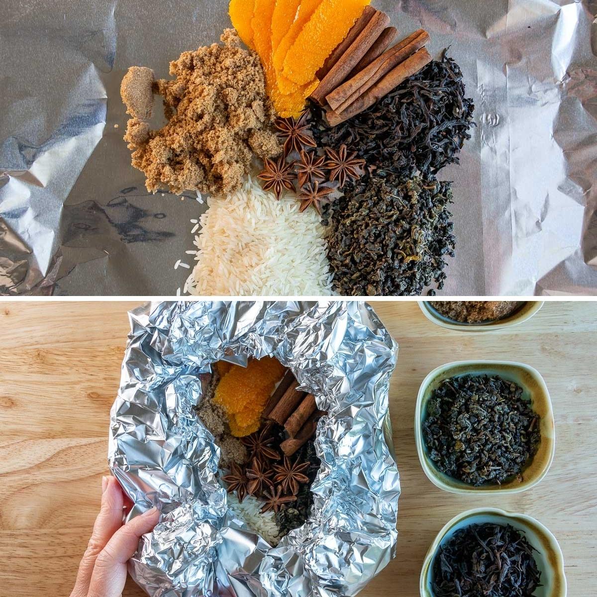 Tea smoking packet combined with tea and spices in aluminum foil.